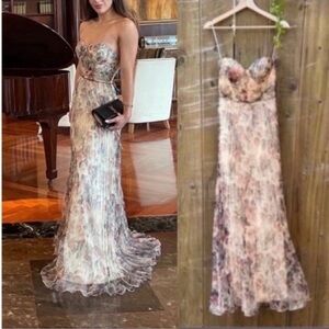 Ivory Floral Bustier Organza Lace-Up Corset Maxi Dress 🌿